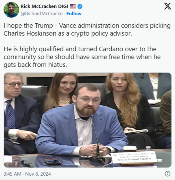 Will Donald Trump Appoint Cardano's Charles Hoskinson as His Crypto Advisor?