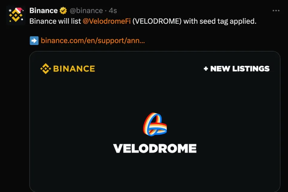 Binance'tan Yeni Listeleme: Velodrome Finance (VELODROME)