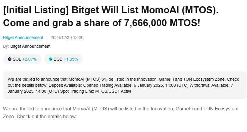 Bitget'ten MomoAI (MTOS) Token Duyurusu