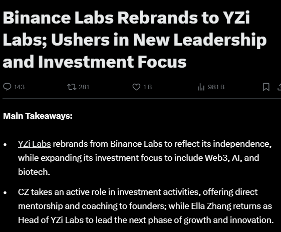 YZi Labs: Binance Labs’ın Yeni Dönemi